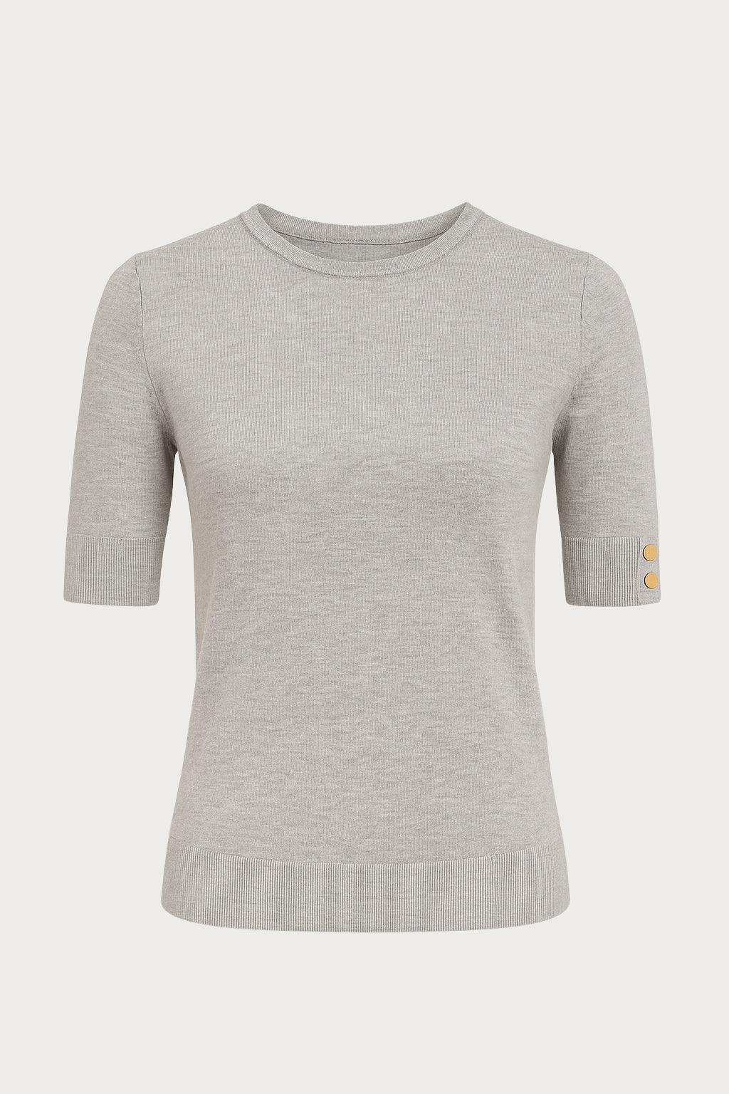 kortærmet grå bluse med guld knapper