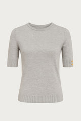 kortærmet grå bluse med guld knapper