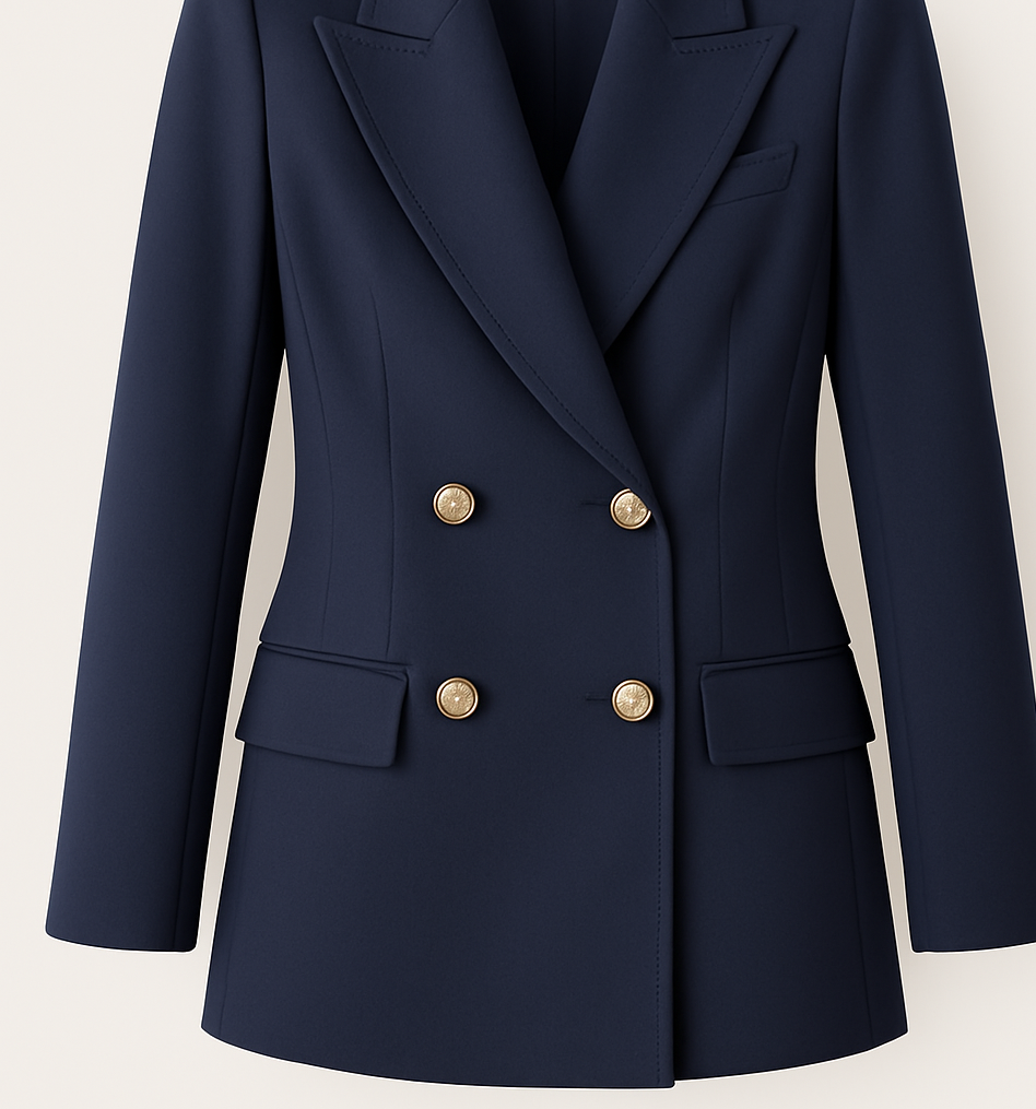 Eksklusiv navy blazer med gulddetaljer – tidløs elegance til den moderne kvinde.