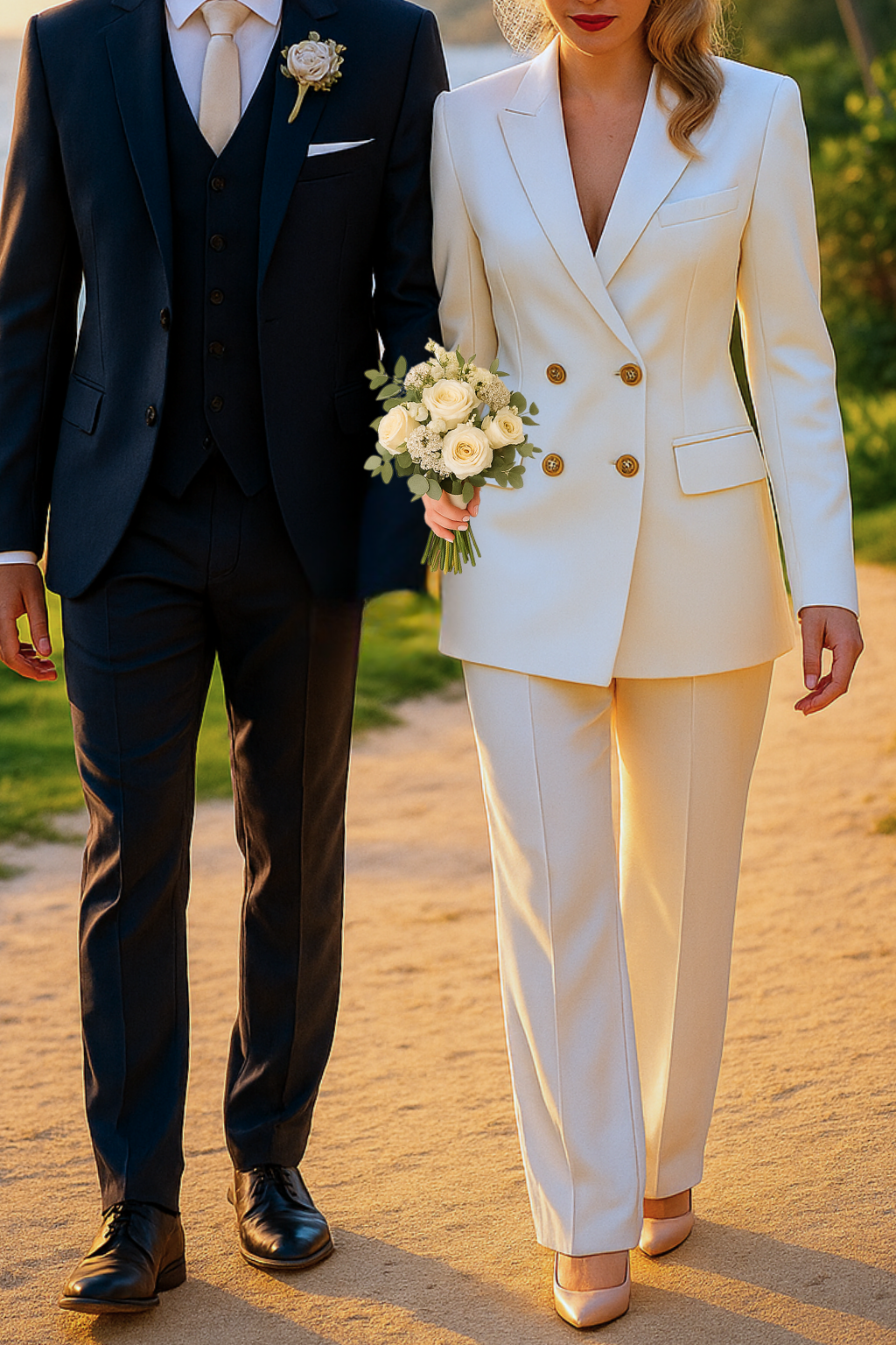 Kvindeligt jakkesæt i ivory med dobbeltradet blazer og matchende bukser – elegant og moderne alternativ til den klassiske brudekjole.


