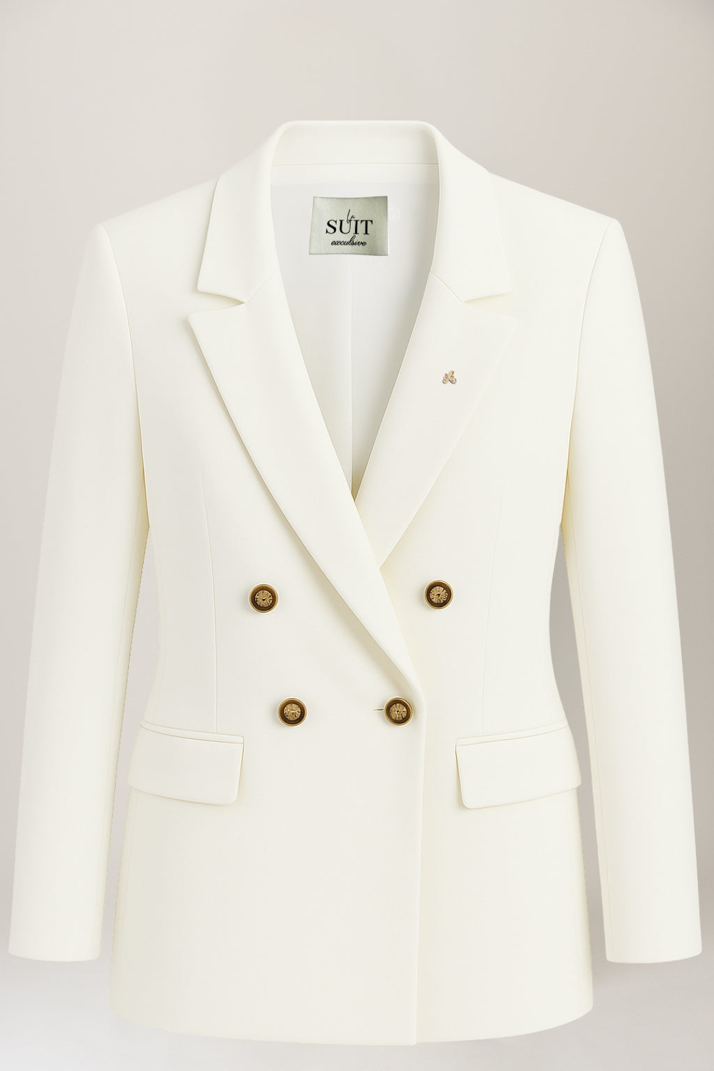 ivory blazer dame, hvid blazer kvinder, dobbeltradet blazer, klassisk blazer til kvinder, elegant blazer med gyldne knapper, skræddersyet blazer